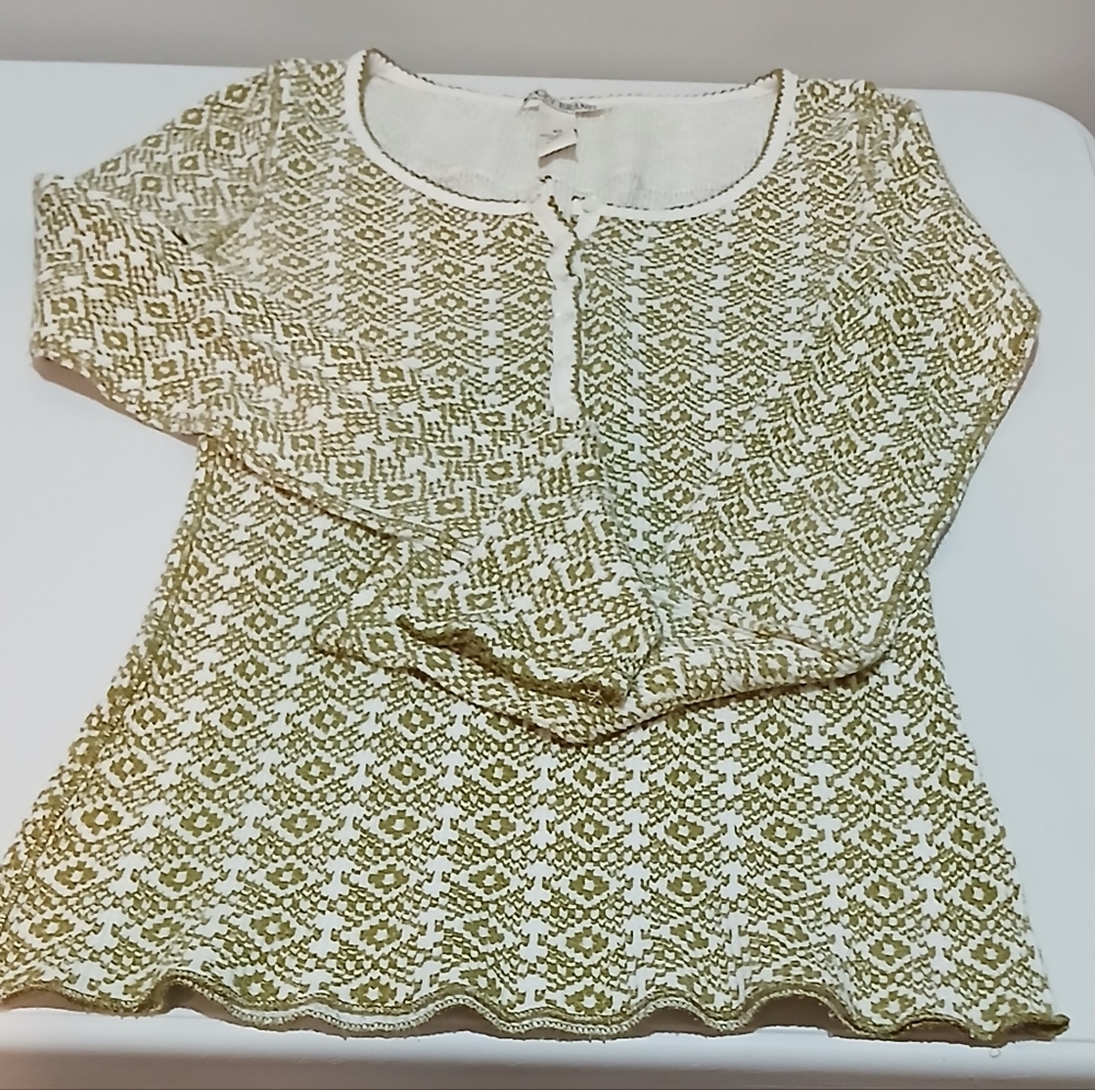 Lucky Brand Henley Longsleeve Top Green and White Patterned Knit Top Fitted XS